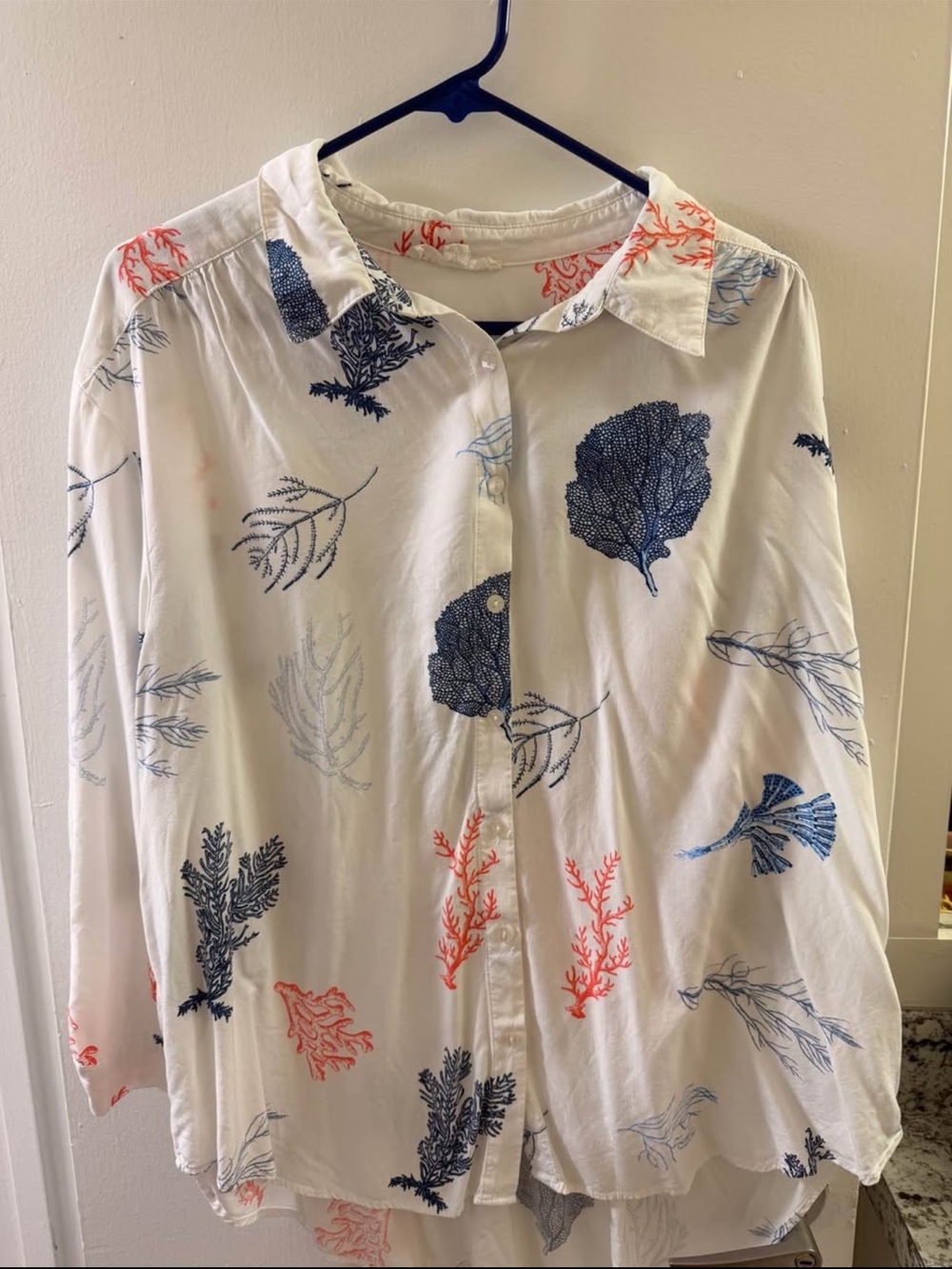 Jane and Delancey White Button-Down with Navy and Coral Sea Motif